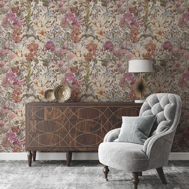 Tapet floral Primavera Pastel Flowers cu flori delicate in nuante pastelate, pe un fond crem.