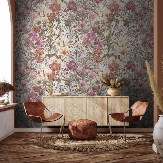 Tapet floral Primavera Pastel Flowers cu flori delicate in nuante pastelate, pe un fond crem.