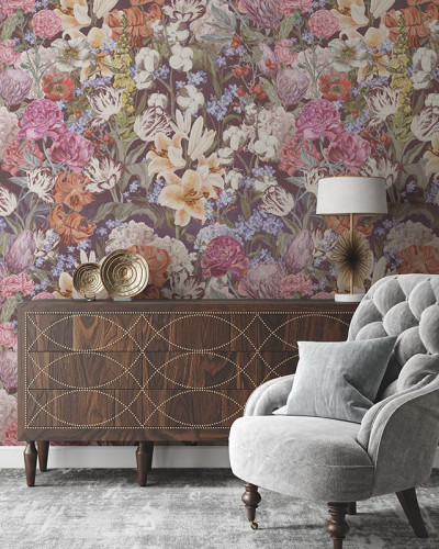 Tapet floral cu flori pastelate, design elegant, culori pastelate, fundal închis
