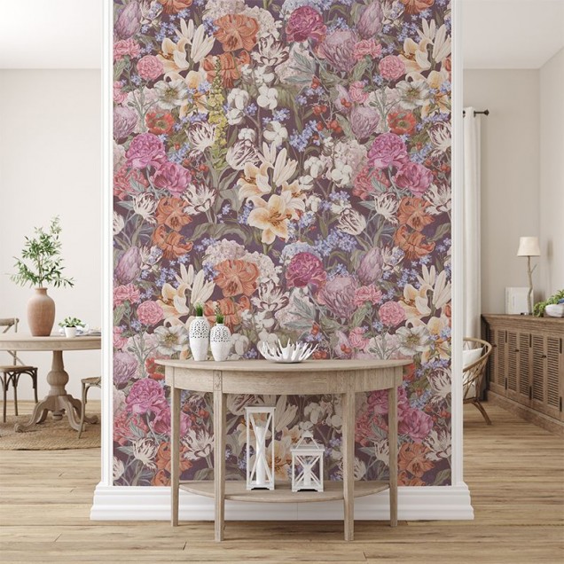 Tapet floral cu flori pastelate, design elegant, culori pastelate, fundal închis