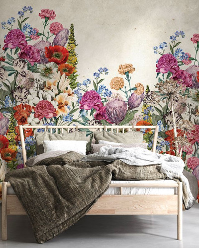 Tapet floral Spring Mural (Cream) cu flori vibrante, perfect pentru dormitor, living sau hol.