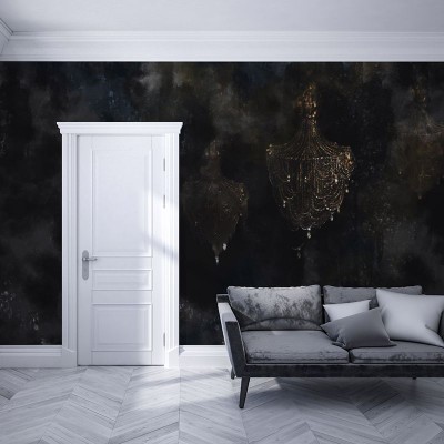 Tapet cu candelabru auriu pe un fundal întunecat, ideal pentru decorarea interioarelor.