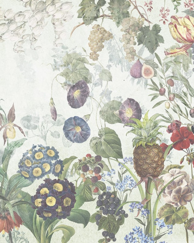 Tapet floral cu nuanțe de verde elegant, cu flori și frunze detaliate, perfect pentru un dormitor modern.