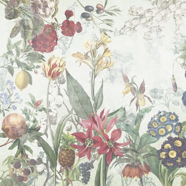 Tapet floral cu nuanțe de verde elegant, cu flori și frunze detaliate, perfect pentru un dormitor modern.
