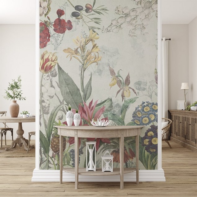 Tapet floral cu nuanțe de verde elegant, cu flori și frunze detaliate, perfect pentru un dormitor modern.
