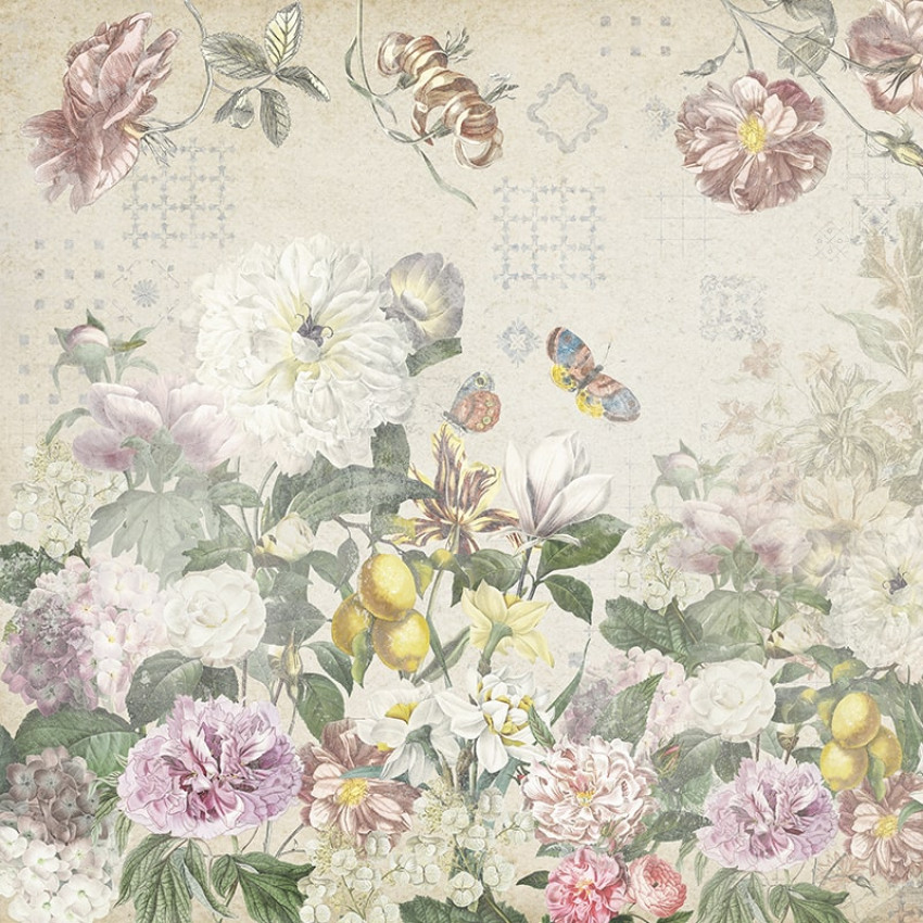 Tapet floral Flutter of Wings Blue, cu fluturi și flori delicate, pe fundal albastru