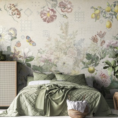 Tapet floral cu motive delicate și fluturi, perfect pentru dormitoare, livinguri sau holuri.