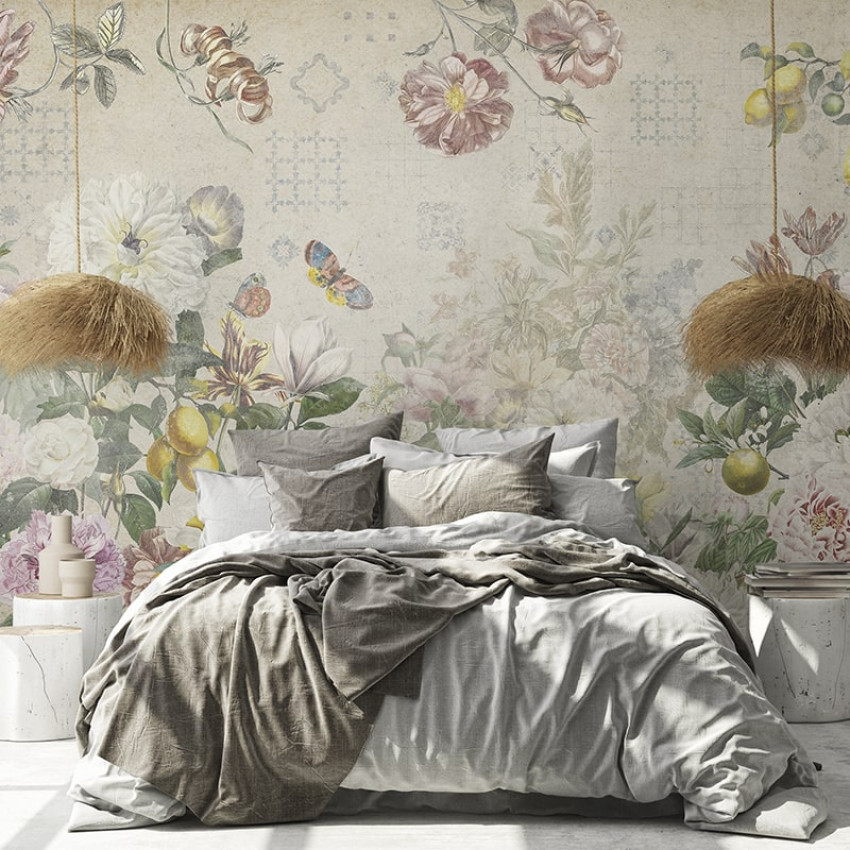 Tapet floral Flutter of Wings Blue, cu fluturi și flori delicate, pe fundal albastru