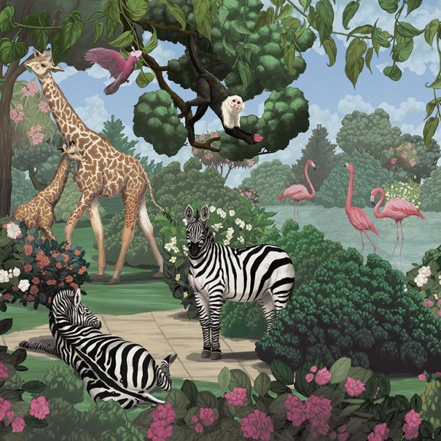 Tapet cu o grafică vibrantă, ilustrând o grădină secretă plină de viață cu girafe, zebre, maimuțe și flamingo roz.