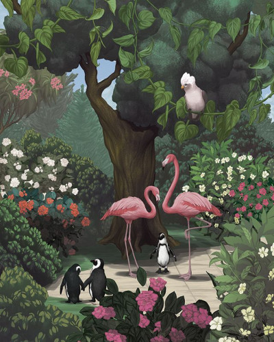 Tapet cu o grafică vibrantă, ilustrând o grădină secretă plină de viață cu girafe, zebre, maimuțe și flamingo roz.