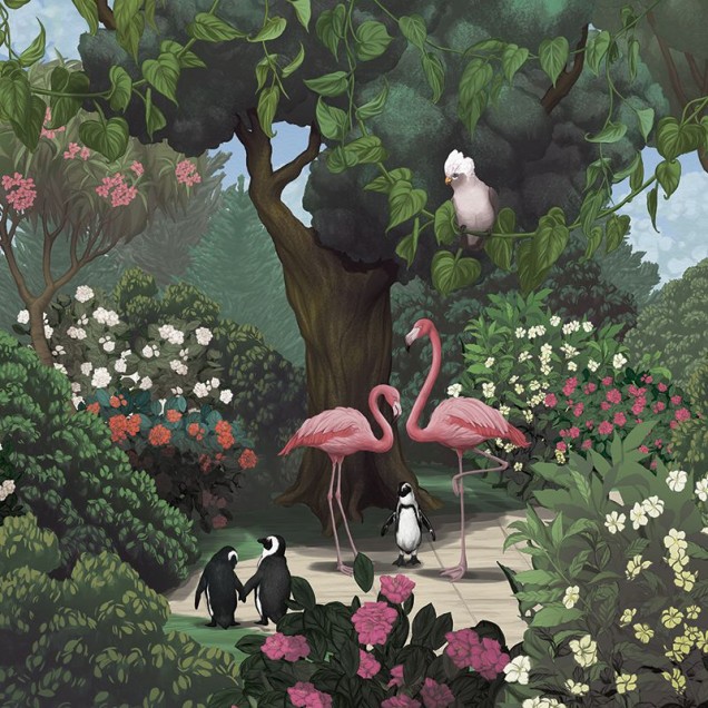 Tapet cu o grafică vibrantă, ilustrând o grădină secretă plină de viață cu girafe, zebre, maimuțe și flamingo roz.