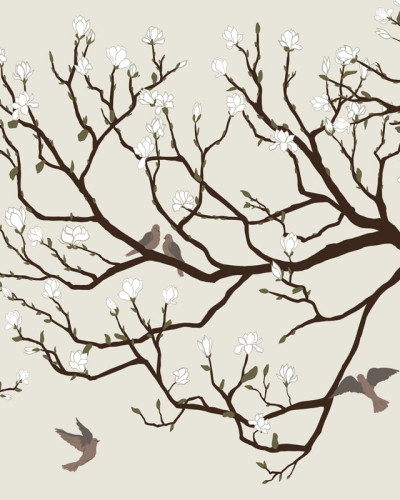 Tapet cu design floral, cu ramuri de magnolie și porumbei