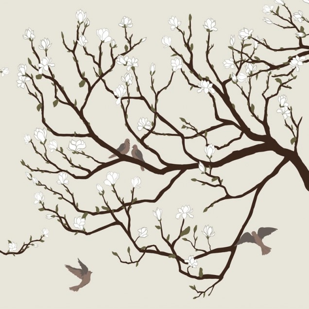 Tapet cu design floral, cu ramuri de magnolie și porumbei