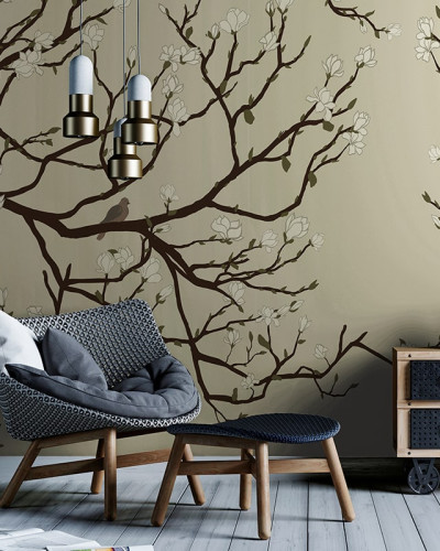 Tapet cu design floral, cu ramuri de magnolie și porumbei