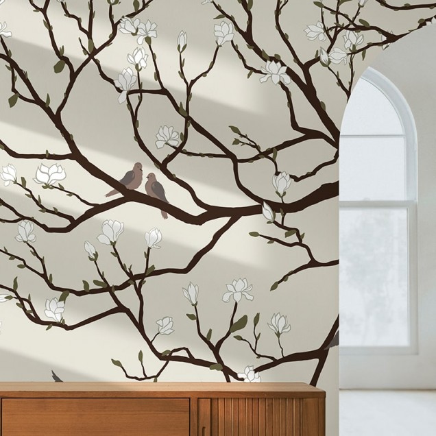 Tapet cu design floral, cu ramuri de magnolie și porumbei