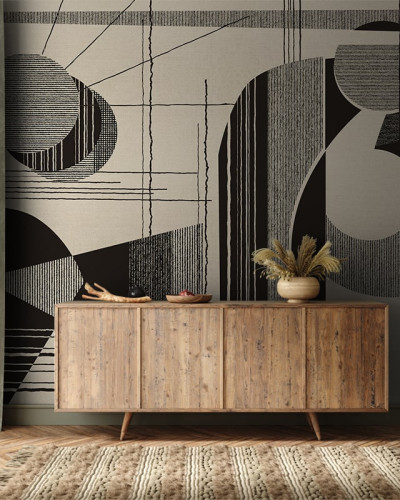 Tapet geometric cu design abstract și forme geometrice în culori neutre.