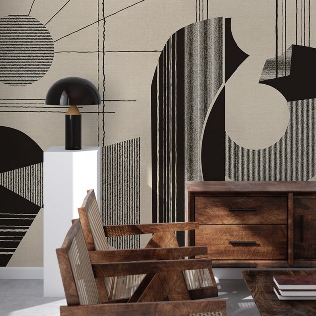Tapet geometric cu design abstract și forme geometrice în culori neutre.