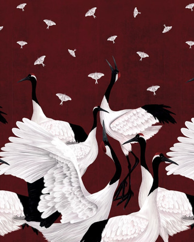 Tapet cu macarale albe pe un fundal de burgundă bogat, Grus Japonesis in Burgundy