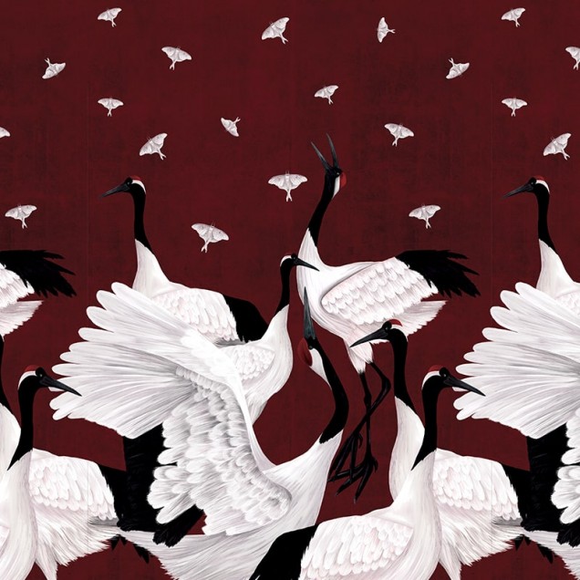 Tapet cu macarale albe pe un fundal de burgundă bogat, Grus Japonesis in Burgundy