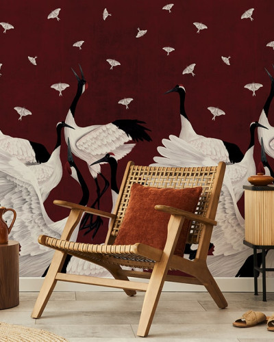 Tapet cu macarale albe pe un fundal de burgundă bogat, Grus Japonesis in Burgundy