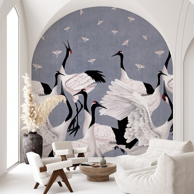 Tapet cu macarale japoneze Grus Japonesis in Blue, design modern, inspirat din cultura japoneză. Imaginea prezintă macarale albe pe fundal albastru, adaugă o notă de liniște și eleganță în casa ta.