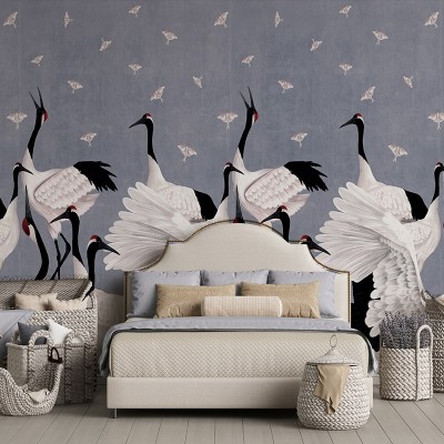 Tapet cu macarale japoneze Grus Japonesis in Blue, design modern, inspirat din cultura japoneză. Imaginea prezintă macarale albe pe fundal albastru, adaugă o notă de liniște și eleganță în casa ta.