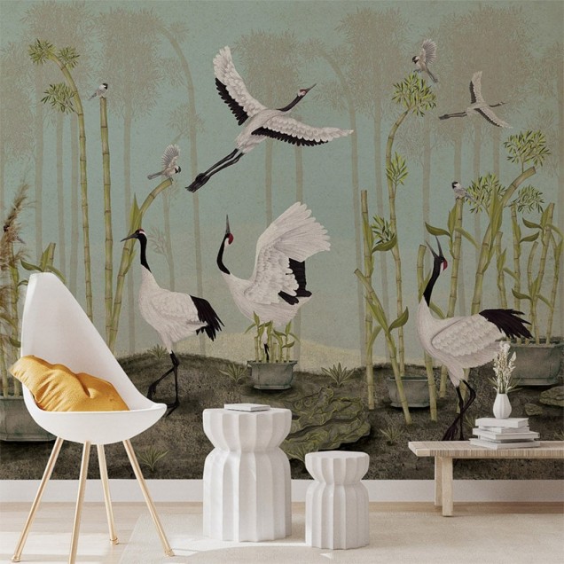 Tapet cu macarale albe pe un fundal albastru deschis, cu un design minimalist inspirat din natura asiatică.
