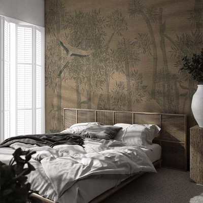Tapet cu design inspirat din cultura asiatică, cu o pădure de bambus în nuanțe de verde și un efect texturat.