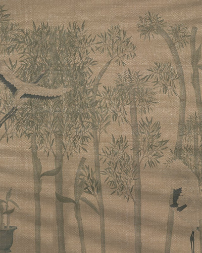 Tapet cu design inspirat din cultura asiatică, cu o pădure de bambus în nuanțe de verde și un efect texturat.