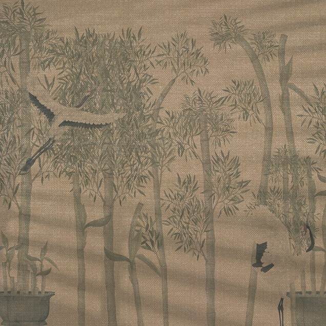 Tapet cu design inspirat din cultura asiatică, cu o pădure de bambus în nuanțe de verde și un efect texturat.