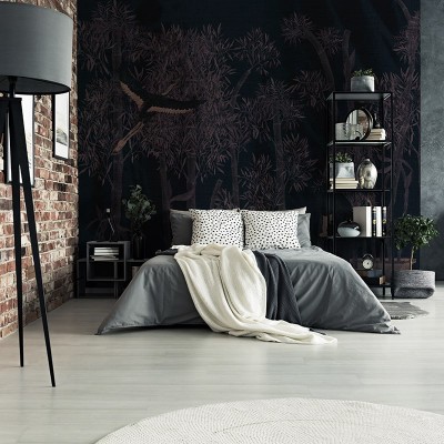 Tapet cu design asiatic elegant, cu păsări care zboară printr-o pădure de bambus, ideal pentru dormitor.