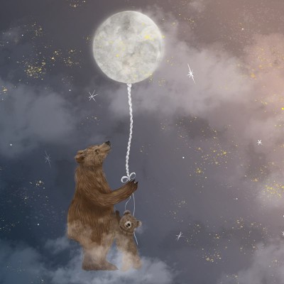Tapet camera copil cu urs si luna cu balon