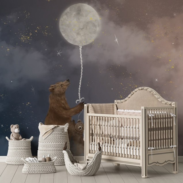Tapet camera copil cu urs si luna cu balon