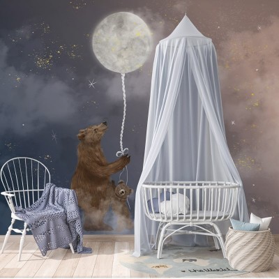 Tapet camera copil cu urs si luna cu balon