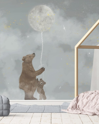 Tapet camera copil cu urs si luna, design pastel, ideal pentru un decor magic