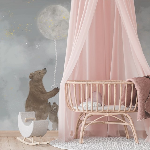 Tapet camera copil cu urs si luna, design pastel, ideal pentru un decor magic