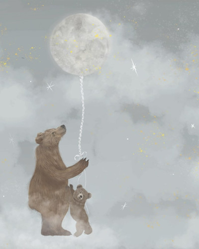 Tapet camera copil cu urs si luna, design pastel, ideal pentru un decor magic