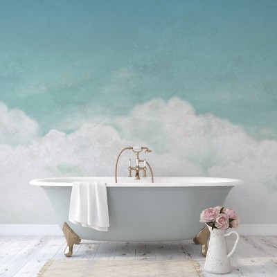 Tapet modern cu nori albi pe un fundal turcoaz, ideal pentru a crea o atmosfera relaxanta in casa.