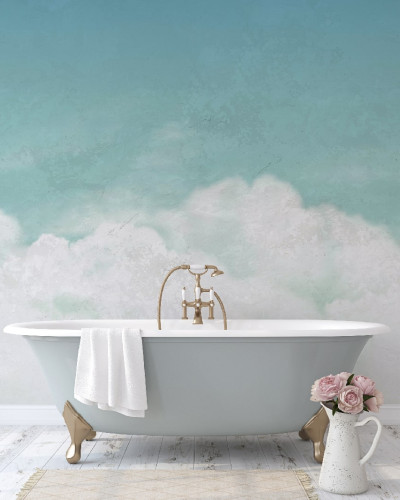 Tapet modern cu nori albi pe un fundal turcoaz, ideal pentru a crea o atmosfera relaxanta in casa.