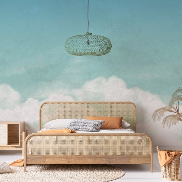 Tapet modern cu nori albi pe un fundal turcoaz, ideal pentru a crea o atmosfera relaxanta in casa.