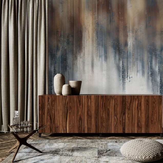 Tapet cu design abstract de peisaj nocturn într-un living modern.
