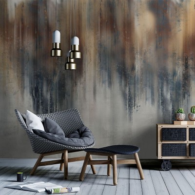 Tapet cu design abstract de peisaj nocturn într-un living modern.