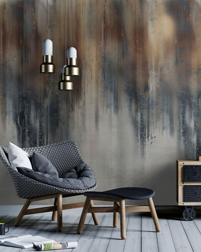 Tapet cu design abstract de peisaj nocturn într-un living modern.