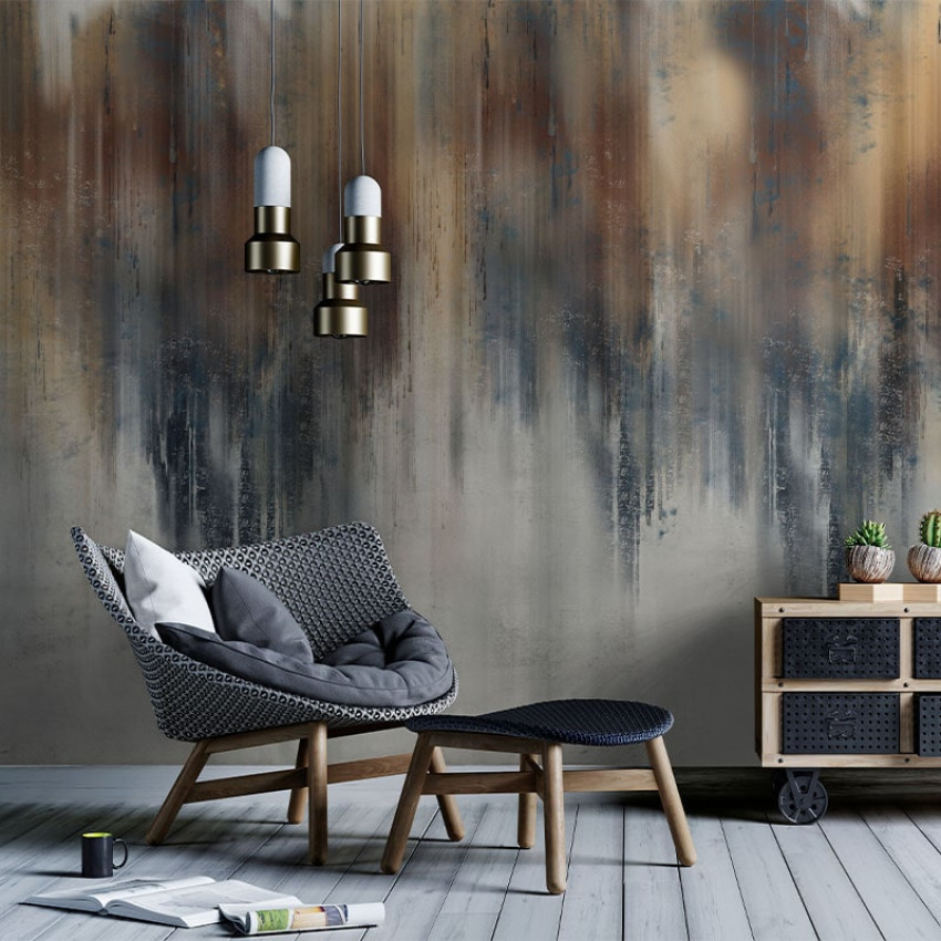 Tapet cu design abstract de peisaj nocturn într-un living modern.