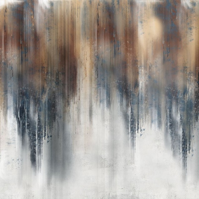 Tapet cu design abstract de peisaj nocturn într-un living modern.