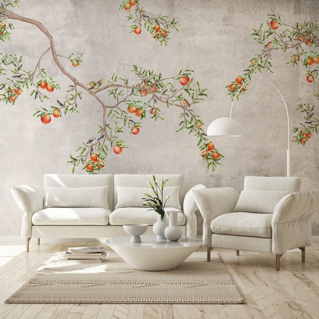 Tapet Gentle morning Sicily cu design cu un copac cu portocali și păsări, perfect pentru a crea o atmosferă proaspătă și relaxantă în casa ta.