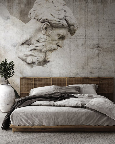 Tapet cu design minimalist, cu o imagine a unui cap de statuie antic, pe un fundal gri texturat