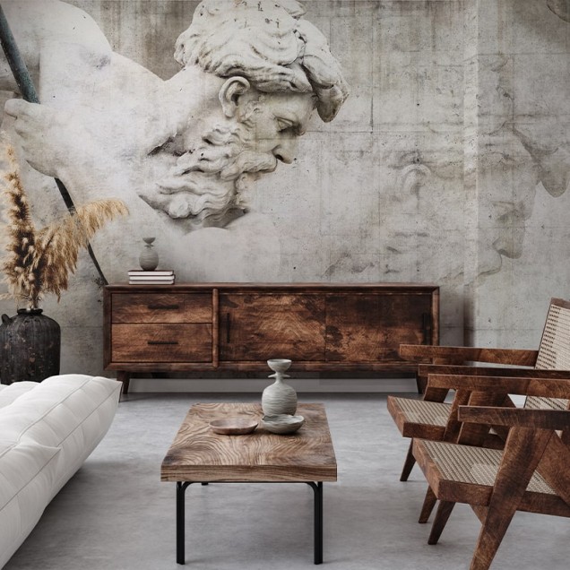 Tapet cu design minimalist, cu o imagine a unui cap de statuie antic, pe un fundal gri texturat