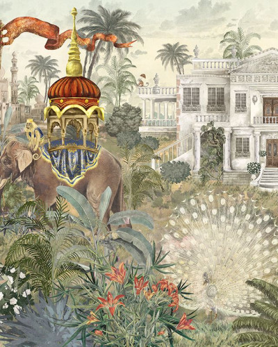 Tapet Empire Sanctum, un tapet pictural cu un elefant, o junglă luxuriantă și o casă luxoasă, adăugând o notă de opulență și unicitate decorului.