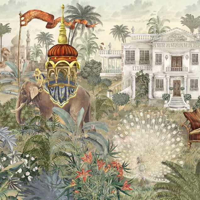 Tapet Empire Sanctum, un tapet pictural cu un elefant, o junglă luxuriantă și o casă luxoasă, adăugând o notă de opulență și unicitate decorului.